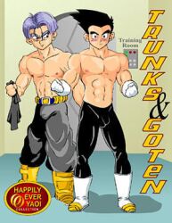 2boys ass_grab blush bulge_through_clothing dragon_ball dragon_ball_gt dragon_ball_z happily_ever_yaoi son_goten topless topless_male trunks_briefs yaoi