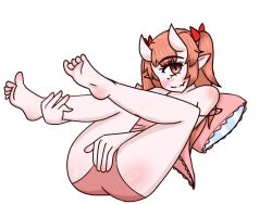 cecihime cyclops feet feet_up hair_ornament hairbow horns indie_virtual_youtuber jericho_vt looking_at_viewer pillow red_eyes red_hair underwear virtual_youtuber vtuber