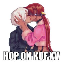 2girls angel_(kof) artist_request black_jacket closed_eyes earring female fluffy grabbing grabbing_head jacket king_of_fighters kissing lesbian_kiss lips long_hair ponytail red_hair shermie_(kof) short_hair source_request text white_hair yuri