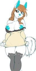 anthro big_breasts blue_nipples breasts brown_eyes brown_hair canine cyan_nose female fur grey_eyes hair heterochromia hi_res looking_at_viewer mammal niis nipples off_shoulder simple_background solo white_background white_fur