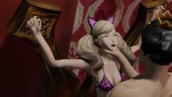 ann_takamaki big_breasts bikini blonde_hair blue_eyes bondage cognitive_ann hand_on_neck leopard_print male persona persona_5 rape ren_mmy suguru_kamoshida teenage_girl tied_up