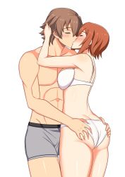 1boy 1girls ass ass_grab blush breasts brown_hair closed_eyes couple eiyuu_densetsu french_kiss hand_behind_head hands_on_ass kissing lloyd_bannings noel_seeker red_hair romantic straight the_legend_of_heroes underwear white_bra white_panties zedxxx