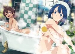 2girls bath bathing bathroom bathtub blue_hair brown_hair bubbles fully_nude make_heroine_ga_oo_sugiru! plant soap soap_bubbles sponge tagme tan_body tanline yakishio_lemon yanami_anna