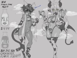 2girls artist_name artsyvrc big_breasts bikini bikini_bottom bikini_top black_and_white black_sclera blue_eyes blush breast_size_difference breasts cleavage cow_demon cow_ears cow_girl cow_print cow_print_armwear cow_print_bikini cow_print_legwear cowprint cowprint_bikini dark-skinned_female dark_skin demon demon_girl demon_horns demon_tail erect_nipples erection heart heart-shaped_pupils horns indie_virtual_youtuber lactating lactating_nipples lactation lactation_through_clothes lactation_without_expressing large_breasts milk milk_bottle milk_squirt milking musk musk_clouds nipple_bulge nipple_outline nipples nipples_visible_through_clothing pubes pubic_hair pubic_tattoo spade_tail succubus sweat sweatdrop sweating sweaty sweaty_breasts tail virtual_youtuber vrchat vtuber white_hair womb_tattoo yellow_eyes