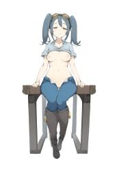 aged_up ai_generated blue_hair breasts constanze_amalie_von_braunschbank-albrechtsberger female goggles goggles_on_head green_eyes little_witch_academia medium_breasts navel nipples novelai older pants pants_open presenting_breasts presenting_pussy pussy shirt shirt_lift smile solo solo_female twintails unzipped unzipped_pants