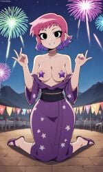 accurate_art_style ai_generated bigmic145 breasts cleavage clothed clothing feet female female_only festival fireworks netflix nipple_pasties pasties pink_hair purple_legwear ramona_flowers robe sandals scott_pilgrim scott_pilgrim_takes_off star_pasties topless topless_female yukata