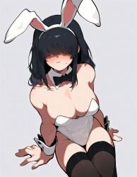 1girls ai_generated black_hair black_stockings blush bowtie breasts bunny_costume bunny_ears bunny_ears_(cosmetic) bunny_ears_headband bunny_girl bunny_lady_(soul_knight) bunny_tail bunnygirl bunnysuit cameltoe cleavage clothed female fully_clothed hair_covering_eyes hair_over_eyes headband medium_breasts necromancer_(soul_knight) plain_background short_hair solo solo_female solo_focus soul_knight stockings top_view