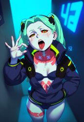 1girls ai_generated armpits arms_up big_breasts bra breasts cleavage curvy_body curvy_female curvy_figure curvy_hips cyberpunk:_edgerunners exposed_torso fellatio_gesture female female_only green_eyes green_hair light-skinned_female light_skin long_hair long_legs massive_thighs open_mouth pale-skinned_female pale_skin pussy rebecca_(edgerunners) shiny_skin shortstack small_breasts solo solo_female solo_focus tattoo tattoos