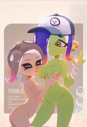 2girls acht_(splatoon) agent_8_(splatoon) ass bandage bandaged_arm blue_hair breast_sucking breasts cap completely_nude dedf1sh ear_piercing female female_only green_skin hand_on_leg hand_on_thigh hat heart heart-shaped_pupils nintendo nipples nude octoling octoling_girl pierced_ears pussy splatoon splatoon_(series) splatoon_3 splatoon_3:_side_order sucking_nipples suction_cups tagme tentacle_hair two_tone_hair yuri zhang_tian57284