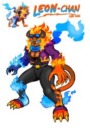1girl 1girls belt belt_buckle big_boobs black_bodysuit blue_eyes blue_fire blue_scarf breasts clawed_feet clawed_hands female female_only fire flame_pattern flame_print fur_collar fur_collar_jacket gijinka goggles goggles_on_forehead goggles_on_head jacket kirby_(series) kirby_air_ride kirby_air_riders lion lion_girl lioness machine machine_girl purple_jacket reference reference_image tail vehicle_humanoid