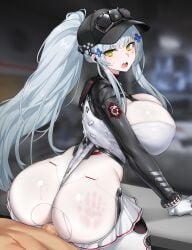 1boy 1girls back baseball_cap blue_hair blunt_bangs breasts censored clothed_female_nude_male clothed_sex commission cum cum_in_ass eress frills from_behind girls'_frontline girls'_frontline_2:_exilium green_eyes hair_ornament handprint headwear hi_res hk416_(girls'_frontline) huge_breasts large_ass leotard long_hair looking_at_viewer looking_back mosaic_censoring official_alternate_costume open_mouth pantyhose penis ponytail race_queen sex shrug_(clothing) sticker sticker_on_face sweat teeth thick_thighs thighs tongue torn_clothes torn_pantyhose vaginal_penetration white_gloves white_leotard white_pantyhose