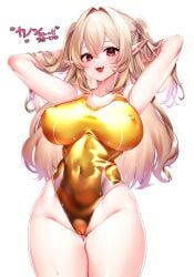 :3 :d arms_behind_head blonde_hair breasts cameltoe commission commissioner_name covered_erect_nipples covered_navel cowboy_shot female gold_one-piece_swimsuit hair_between_eyes highleg highleg_one-piece_swimsuit highres large_breasts long_hair looking_at_viewer numako_(pizza_kanon) one-piece_swimsuit open_mouth phantasy_star phantasy_star_online_2 pointy_ears red_eyes second-party_source simple_background smile smug solo swimsuit two_side_up wet white_background white_one-piece_swimsuit yellow_one-piece_swimsuit yutazou