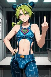 1boy ai_generated angry braid bulge clenched_teeth double_bun femboy genderswap_(ftm) green_eyes green_hair green_lipstick green_nails hair_bun halter_top halterneck hand_on_hip jojo's_bizarre_adventure jolyne_kujo lipstick looking_at_viewer male middle_finger midrif multicolored_hair nail_polish navel prison rule_63 single_braid solo spider_web_print stone_ocean tehmar trap two-tone_hair
