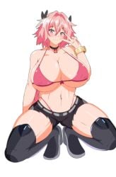 1girls astolfo_(fate) azur_lane big_breasts blush boots bra bracelet breasts bremerton_(azur_lane) bremerton_(azur_lane)_cosplay busty clothing cosplay dojang fate/grand_order fate_(series) female female_only genderswap_(mtf) huge_breasts large_breasts navel navel_piercing peace_sign pink_bra pink_eyes pink_hair ponytail rule_63 short_shorts skimpy_clothes solo solo_female thick_thighs thighs third_party_edit v_sign voluptuous wavy_mouth white_background