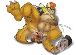 3_toes anal anal_masturbation anthro balls blush bodily_fluids bowser bullet_bill claws cum cum_while_penetrated feet genital_fluids genitals goomba hi_res koopa male mario_(series) masturbation muscular nintendo penetration penis raised_leg scalie shawd solo spread_legs spreading tail toes