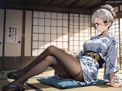 1girls ai_generated anilvl arm_support ayase_seiko bangs black_pantyhose blue_kimono blush breasts brown_eyes brown_pantyhose closed_mouth crossed_legs cushion dandadan feet floral_print full_body fusuma glasses grey_hair hair_bun hair_ornament hand_on_own_knee hand_on_own_thigh indoors japanese_clothes kimono large_breasts leaning_back legs long_sleeves looking_at_viewer medium_breasts obi pantyhose pillow print_kimono red-framed_eyewear sandals sash semi-rimless_eyewear short_hair shouji single_hair_bun sitting sliding_doors smile solo tatami thighband_pantyhose thighs white_kimono wide_sleeves yukata zouri