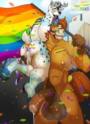 absurd_res anthro anus ass balls bodily_fluids cum cum_in_ass cum_inside deer duo equid equine gaping gaping_anus genital_fluids genitals hi_res holding_partner horse hybrid leaking_cum lgbt_pride looking_at_viewer looking_pleasured male male/male mammal muscular open_mouth open_smile penis pride_color_flag pride_colors rainbow_flag rainbow_pride_colors rainbow_pride_flag rainbow_symbol shawd smile standing tongue tongue_out