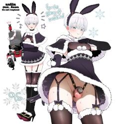 1boy 9s_(nier:automata) alternate_costume animal_ears aqua_eyes artist_name ass_visible_through_thighs black_footwear black_gloves boots brown_thighhighs capelet character_name chastity_cage closed_mouth commentary_request cowboy_shot crossdressing dress elbow_gloves english_text fake_animal_ears full_body fur-trimmed_dress fur-trimmed_legwear fur_trim garter_straps gloves grey_background hand_up high_heel_boots high_heels highres holding looking_at_viewer male_focus nagano_rira nier:automata nier_(series) no_blindfold open_mouth otoko_no_ko pod_(nier:automata) puffy_chest puffy_nipples purple_capelet purple_dress rabbit_ears short_dress sweatdrop testicles thighhighs thighs twitter_username