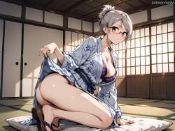 1girls ai_generated anilvl arm_support ass ayase_seiko bangs bath_yukata blush bra breasts brown_eyes cleavage closed_mouth clothes_lift collarbone dandadan feet floral_print full_body futon glasses grey_hair grey_kimono hair_bun indoors japanese_clothes kimono kimono_lift kneeling large_breasts legs lifted_by_self long_sleeves looking_at_viewer medium_breasts obi open_clothes open_kimono panties pillow print_kimono purple_bra purple_panties sandals sash semi-rimless_eyewear short_hair shouji single_hair_bun skirt_lift sliding_doors solo tatami thighs toes underwear white_kimono yukata zouri