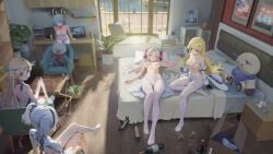 absurdres artist_request bed blonde_hair bottle braid breasts camellya_(wuthering_waves) carlotta_(wuthering_waves) cartethyia_(wuthering_waves) chair cleavage computer crossed_legs cup drinking_glass highres jinhsi_(peach_blossom)_(wuthering_waves) jinhsi_(wuthering_waves) laptop long_hair looking_inside lying medium_breasts multiple_girls nipples on_back pantyhose phoebe_(wuthering_waves) phrolova_(wuthering_waves) pillow plant potted_plant short_twintails single_braid sitting sleeping smile stuffed_animal stuffed_toy teddy_bear twintails white_hair white_pantyhose wine_bottle wine_glass wuthering_waves