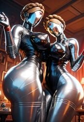 2girls 3d ai_generated atomic_heart bubble_butt from_below huge_ass huge_breasts juicy_butt robot_girl the_twins_(atomic_heart) thick_thighs