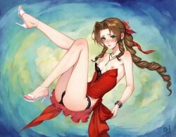 aerith_gainsborough ai_assisted ai_couture ai_generated brown_hair embarrassed female final_fantasy final_fantasy_vii final_fantasy_vii_rebirth final_fantasy_vii_remake green_eyes high_heels legs_up nipples red_dress shy small_breasts undressing