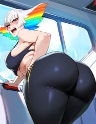 1girls ai_generated ass ass_focus big_ass blush breasts kill_la_kill kiryuuin_ragyou lucyla milf solo sports_bra white_hair white_skin yoga_pants