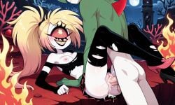 ai_generated big_eye black_lips black_lipstick blonde_hair breasts cartoony cherri_bomb cherri_bomb_(hazbin_hotel) coral_pink_hair cum cum_in_pussy cum_inside cyclops demon demon_girl devil_girl eye_contact fangs female flame freckles gallade hazbin_hotel heels male male/female male_on_top male_pokemon missionary_position multicolored_hair nintendo one_breast_out pale_skin pokemon pokemon_(species) pokephilia ponytail pussy red_eyes sharp_teeth short_skirt spread_legs torn_clothes vaginal vaginal_penetration vaginal_sex white_skin x_eyes