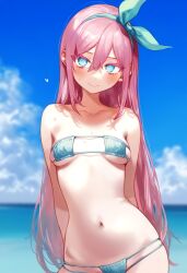 ai_generated aubrey_(omori) beach bikini blue_eyes hair_ornament long_hair navel omori pink_hair ribbon small_bikini