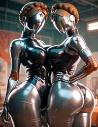 2girls 3d ai_generated atomic_heart bubble_butt huge_ass huge_breasts juicy_butt robot_girl the_twins_(atomic_heart)