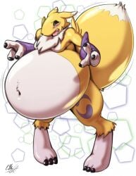 3_fingers 3_toes anthro armwear bandai_namco belly big_belly black_sclera blush breasts bridal_gauntlets clothing digimon digimon_(species) female hi_res hyper inflation living_inflatable milkybody renamon simple_background toes white_background