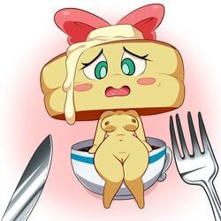 2017 areola beverage blush breasts coffee female food_creature fork green_eyes hair_ribbon hairbow hi_res humanoid knife level-5 lonbluewolf nipples open_mouth petty-cake pussy ribbons simple_background solo video_games yo-kai_watch youkai youkai_watch yōkai