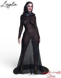 hijab leg_tattoo naughtynnasty nipple_piercing nipple_rings no_bra no_panties pierced_nipples see-through_clothing see-through_dress sheer_clothing