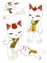 ambiguous_gender anthro bell bell_collar collar dandadan domestic_cat felid feline felis hi_res kame_3 koban_(coin) mammal maneki-neko running simple_background solo turbo_granny_(dandadan) white_background