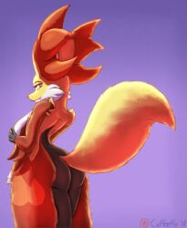 anthro ass big_butt breasts canid canine coffeefly curvy_figure delphox female generation_6_pokemon hi_res looking_at_viewer looking_back mammal nintendo nipples orange_eyes pokemon pokemon_(species) presenting presenting_hindquarters simple_background solo voluptuous