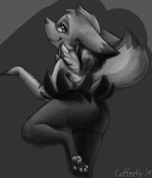 anthro ass braixen cafe_(coffeefly) coffeefly fan_character generation_6_pokemon hi_res looking_back male monochrome nintendo pokemon pokemon_(species) presenting presenting_hindquarters purple_eyes simple_background solo