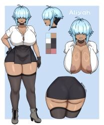 1girls artist_name ass ass boots character_name character_sheet choker curvy dark-skinned_female dark_skin ear_piercing female huge_breasts light_blue_hair multiple_views navel nude_female oc original_character original_characters pussy short_hair thick_ass thick_hips thick_legs thick_thighs