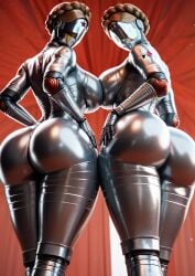 2girls 3d ai_generated atomic_heart bubble_butt from_below huge_ass huge_breasts juicy_butt robot_girl the_twins_(atomic_heart)