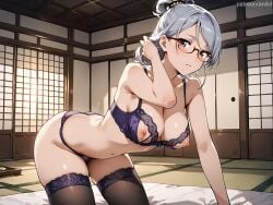 1girls adjusting_hair ai_generated all_fours anilvl ass ayase_seiko bangs bare_shoulders black_thighhighs blush bra breasts brown_eyes cleavage closed_mouth collarbone cupless_bra dandadan food futon glasses grey_hair hair_bun hair_ornament hanging_breasts indoors large_breasts lingerie long_hair looking_at_viewer medium_breasts navel nipple_cutout nippleless_clothes nipples panties parted_lips purple_bra purple_panties red-framed_eyewear semi-rimless_eyewear shouji single_hair_bun skindentation sliding_doors smile solo tatami thighhighs thighs underwear underwear_only