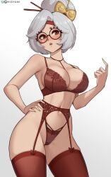 1girls absurdres bare_shoulders blush bra breasts cleavage eyeshadow female garter_belt grey_hair hair_bun headband highres hioyami large_breasts looking_at_viewer makeup medium_hair navel nintendo panties purah purah_(tears_of_the_kingdom) red-framed_eyewear red_bra red_eyes red_eyeshadow red_headband red_panties red_thighhighs simple_background single_hair_bun solo tears_of_the_kingdom the_legend_of_zelda the_legend_of_zelda:_tears_of_the_kingdom thighhighs thighs underwear