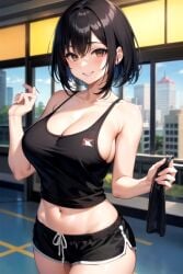 ai_generated asian asian_female booty_shorts cleavage curvaceous curvy curvy_body curvy_female curvy_figure gym short_hair smile smiling smiling_at_viewer thick_thighs thighs