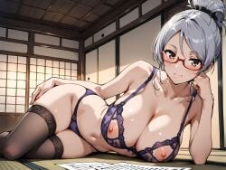 1girls ai_generated anilvl arm_support ayase_seiko bangs bare_arms bare_shoulders black_thighhighs blush bow bra breasts brown_eyes brown_thighhighs cleavage closed_mouth collarbone cupless_bra dandadan elbow_rest glasses grey_hair hair_between_eyes hair_bun hair_ornament hair_scrunchie head_rest indoors lace lace-trimmed_bra lace-trimmed_panties lace_trim large_breasts lingerie looking_at_viewer lying mature_female navel nipple_cutout nippleless_clothes nipples on_floor on_side panties purple_bra purple_panties red-framed_eyewear scrunchie semi-rimless_eyewear shouji single_hair_bun sliding_doors smile solo stomach tatami thighhighs thighs under-rim_eyewear underwear underwear_only