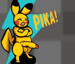 big_penis closed_eyes geno_boy humanoid_genitalia humanoid_penis naked naked_male open_mouth pikachu pokemon pokemon_(species) simple_background simple_face simple_shading small_but_hung text yellow_fur yellow_penis