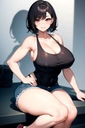 ai_generated blush breasts brown_eyes cleavage curvaceous curvy curvy_body curvy_female curvy_figure curvy_hips milf original original_character perfect_body short_hair smile smiling smiling_at_viewer tank_top thick_ass thick_thighs thighs