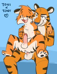 2boys anal anthro balls blue_nose circumcised cum cum_inside dosent duo erection feline frosted_flakes gay heart hi_res humanoid_penis male male_only mammal mascot pawpads penis simple_background tiger toni(magicalporntime) tony_the_tiger yaoi