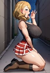 ai_generated blonde_hair bubble_butt eclr fellatio_gesture huge_ass huge_breasts lifting_skirt nintendo no_panties on_knees pokemon pokemon_journeys pussy serena_(pokemon) short_hair short_skirt sideboob thick_thighs thin_waist