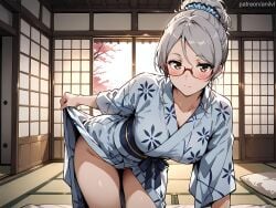 1girls ai_generated all_fours anilvl ayase_seiko backlighting bangs blue_kimono blue_scrunchie blush breasts brown_eyes cherry_blossoms closed_mouth clothes_lift collarbone dandadan floral_print futon glasses grey_hair groin hair_bun hair_ornament hair_scrunchie indoors japanese_clothes kimono kimono_lift large_breasts lifted_by_self long_sleeves looking_at_viewer medium_breasts no_panties obi pillow ponytail print_kimono red-framed_eyewear sash scrunchie semi-rimless_eyewear shouji single_hair_bun sliding_doors smile solo tatami thighs tree under-rim_eyewear window yukata