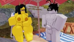 1boy 1girls 3d black black_hair breasts caption commission dick english_text grey_skin lauxdmn nude nude_beach roblox roblox_avatar roblox_studio robloxian self_upload straight tagme text yellow_skin