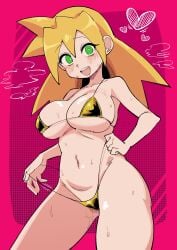 1girls big_breasts bikini blonde_hair blush buzzlyears gold_bikini gold_g-string green_eyes happy_face heart heart long_hair mega_man mega_man_legends pink_background roll_caskett solo