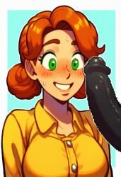 1boy 1girls ai_generated big_cock big_penis black_penis blush cock_awe dark-skinned_male green_eyes happy horny_female huge_cock huge_cock imminent_fellatio imminent_oral interracial looking_at_penis nervous_smile nervous_sweat orange_hair penny_(stardew_valley) plain_background stardew_valley su_whore_(artist) sweating sweaty veiny_penis yellow_shirt